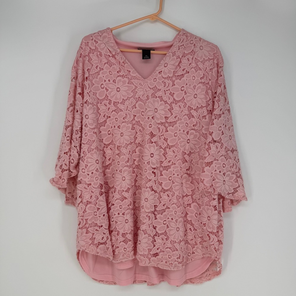Investments II Blouse Women 2X Pink Floral Lace Bell Sleeve V-Neck Romantic Core